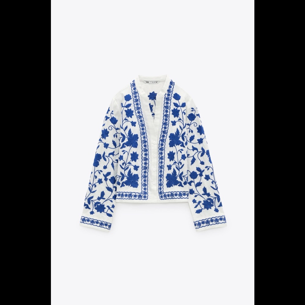 Zara White and Blue Floral Top